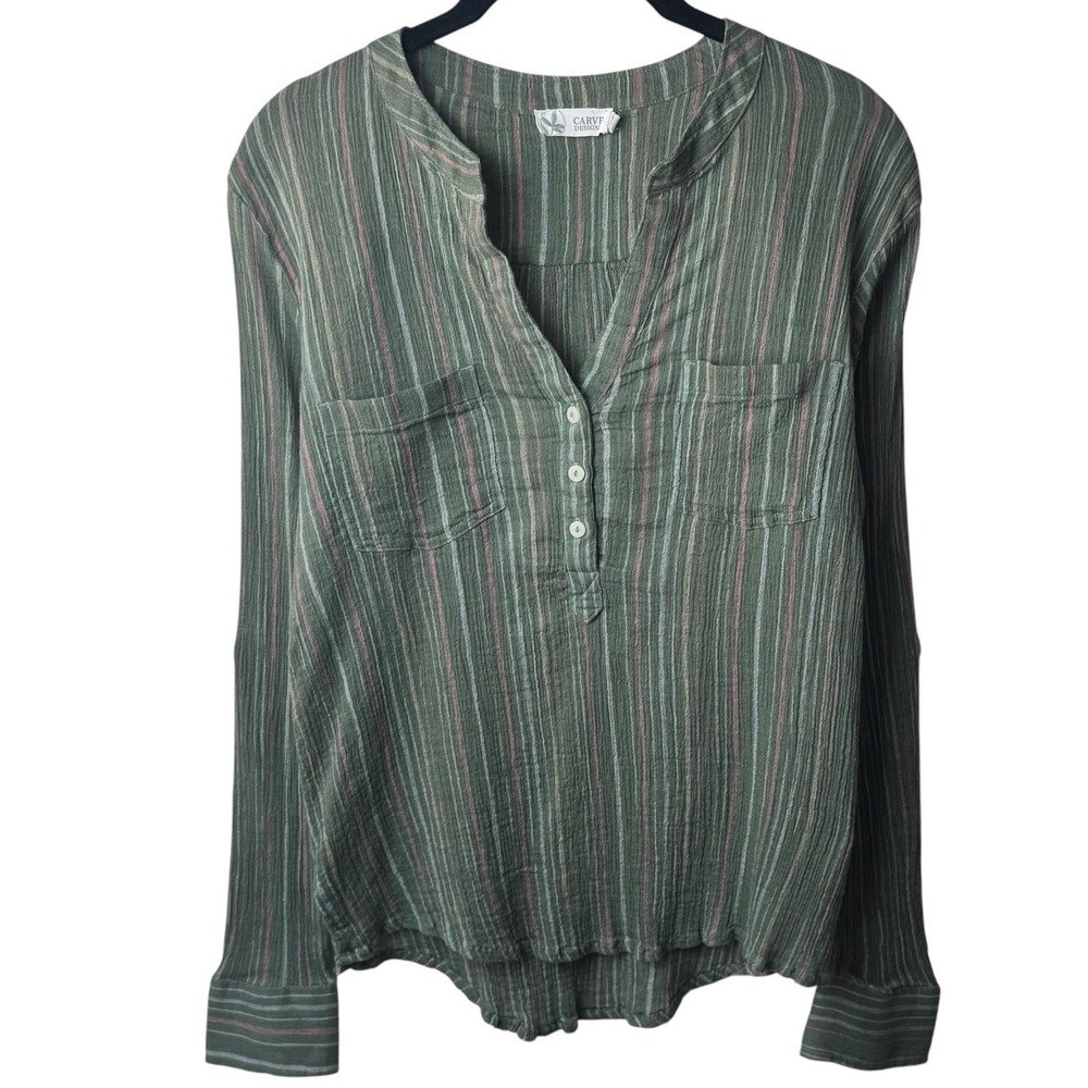 Carve Designs Dylan Gauze Shirt Cotton Striped Green Coastal Travel Comfort S - Picture 2 of 11